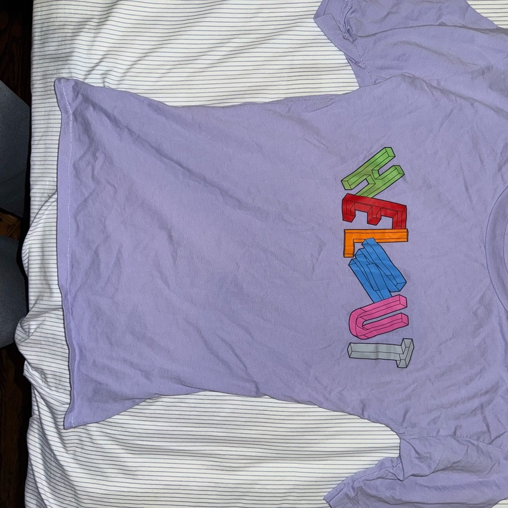 Helmut Lang Purple and Green Short Sleeve Tee with Artistic Graphic